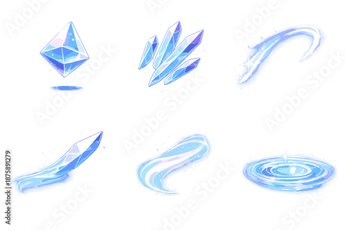 Floating Prismatic Icons. Solid style icons of Transparent Motion: floating prism, quartz line, luminous arc, flowing shard, soft