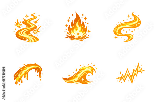 Natural Vitality Icons. Solid style icons of Natural Vitality: river spark, ember pulse, flowing thread, molten arc, luminous wave