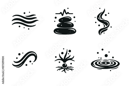 Serene Vibration Icons. Solid style icons of Serene Vibration: mist line, stone pulse, soft thread, flowing arc, grounded node,