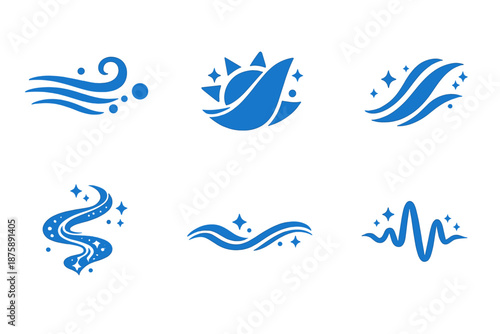 Invisible Energy Icons. Solid style icons of Invisible Energy: wind dot, sun fold, airy arc, luminous thread, soft line, flowing