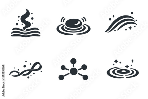 Quiet Vibration Icons. Solid style icons of Quiet Vibration: mist line, stone pulse, soft arc, flowing thread, grounded node,