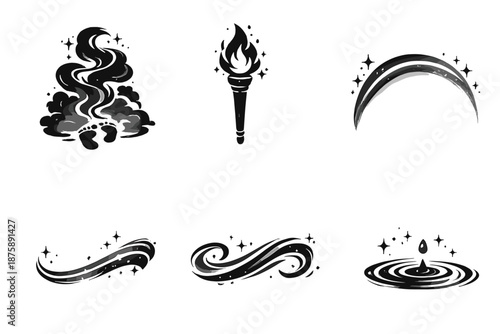 Solid Style Icons. Solid style icons of Obscured Flow: fog step, torch flow, soft arc, luminous thread, flowing line, gentle