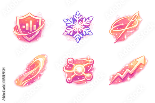 Radiant Tone Icons. Solid style icons of Radiant Tone: sound crest, frost grain, sharp thread, flowing arc, luminous node, rising