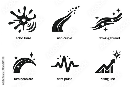 Silent Resonance Icons. Solid style icons of Silent Resonance: echo flare, ash curve, flowing thread, luminous arc, soft pulse,