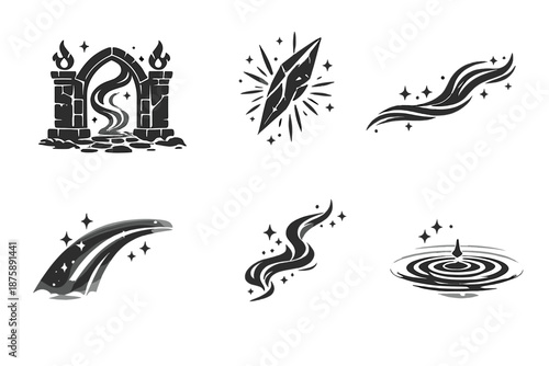 Silent Passage Icons. Solid style icons of Silent Passage: whisper gate, beam shard, flowing line, luminous arc, soft thread,