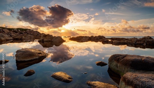 tranquil reflection of clouds and rocks on still water at a serene coastal location during golden hour