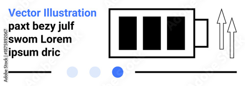 Battery icon with black cells, charging indicator, and upward arrows. Ideal for technology, energy, innovation, sustainability, progress, efficiency simple landing page