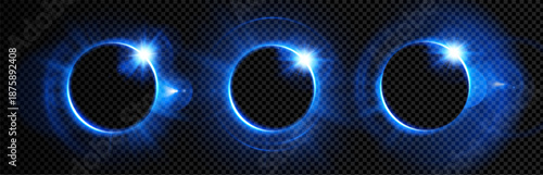Blue halo black background circle magic and eclipse neon circular. Star art round for black burst halo and digital abstract effect. Halo background electric for portal glowing blue and circle.