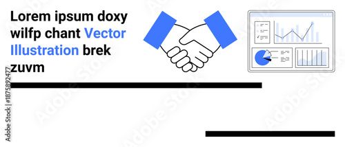 Two hands shaking with a data analytics chart screen, representing partnership, success, teamwork, collaboration, agreement, analysis, and productivity. Ideal for corporate material consulting
