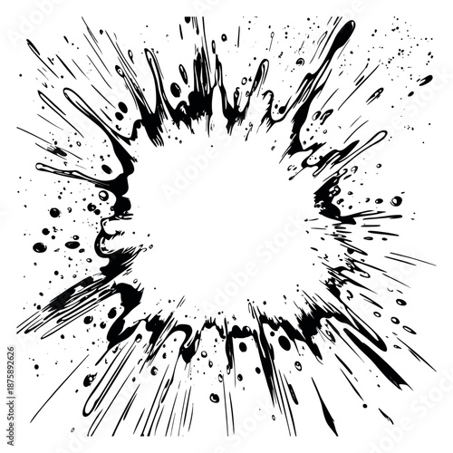 Hand drawn line art illustration of an ink splash depicting a powerful explosion for graphic design