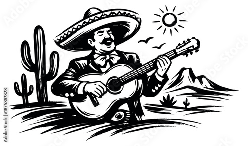 Hand drawn illustration of a mariachi musician depicting singing and playing guitar for a Mexican celebration