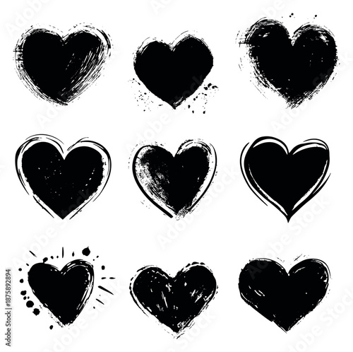 Hand drawn heart set featuring grunge textures and brush strokes for love and romance designs