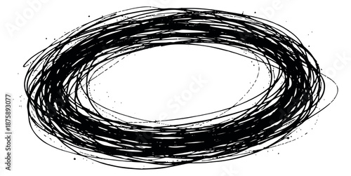 Hand drawn illustration of a grunge oval frame depicting a textured scribble for graphic design projects