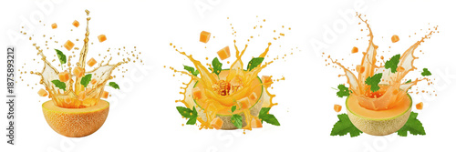 Fotografia Cantaloupe fruit Cucumis melo, cantaloupe with juice splash, muskmelon cantaloup