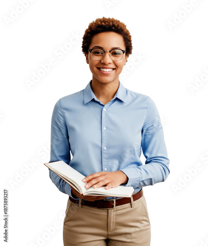 Cheerful student glasses looking camera holding notebook education study concept transparent background