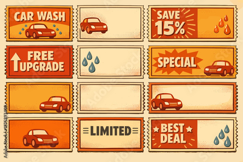 Vintage car wash coupons with offers and discounts in retro style