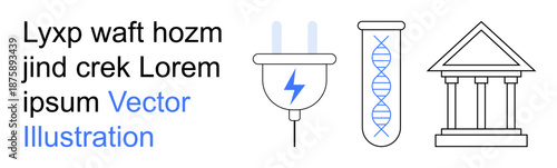 Education, renewable energy, genetics, government policies, scientific innovation, electricity. plug with energy symbol, test tube with DNA and a government building. Renewable energy and genetics