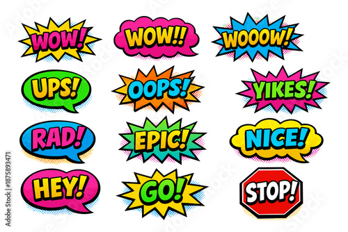 Colorful comic speech bubbles with bold expressions and exclamations