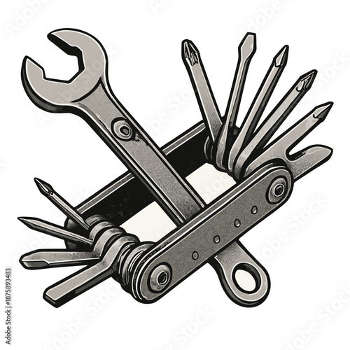 A detailed vector of a multi-tool that includes a bike wrench and other tools.