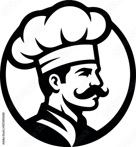 Black and white illustration of a smiling chef with a mustache wearing a toque
