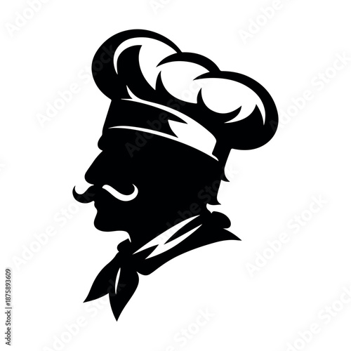 Black silhouette of a chef with mustache and toque on white background