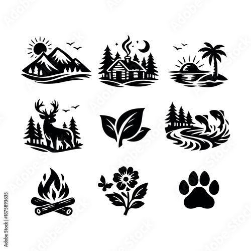 Collection of nature and outdoor themed black silhouette icons including mountains, cabin, palm tree, deer, leaf, and campfire