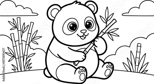 Cute panda bear holding bamboo in a serene natural landscape with clouds and plants