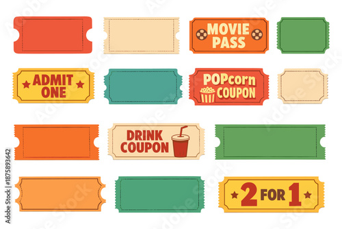 Colorful movie theater tickets and coupons collection set