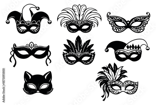 Decorative line art masquerade mask set featuring ornate designs, feathers, and jester hats for carnival celebrations and costume parties