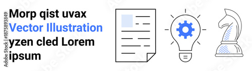 Business strategy, innovation, problem-solving, planning, creativity, ideas. Icons a document, gear lightbulb and chess knight. Strategy and innovation concepts