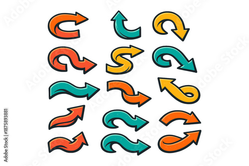 Colorful curved arrows set: red, orange, yellow, teal decorative icons