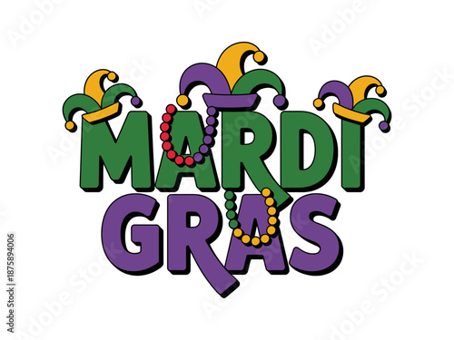A colorful Mardi Gras logo with jester hats and beads on a white background