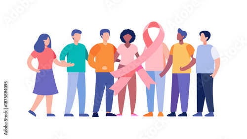 Diverse group of people standing together in support of breast cancer awareness, united by a pink ribbon