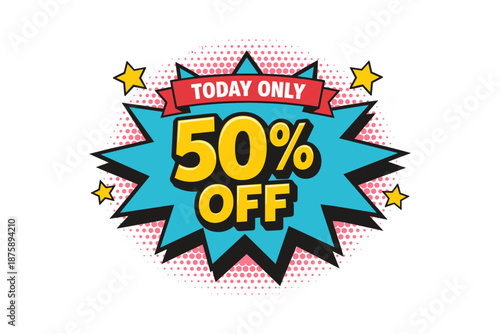 Bright comic style discount sign with 50% off and stars