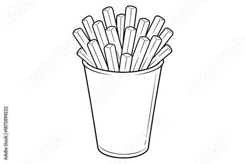 Black and white line art of french fries in a cup