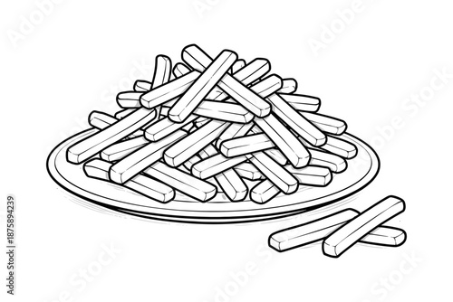 Black and white line art of french fries on plate