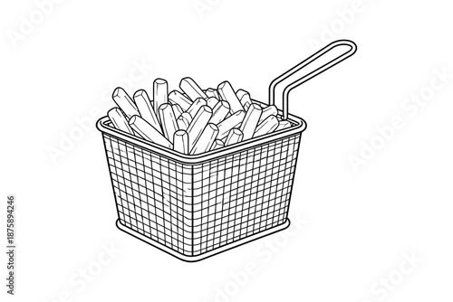 Wireframe illustration of french fries in fry basket outline