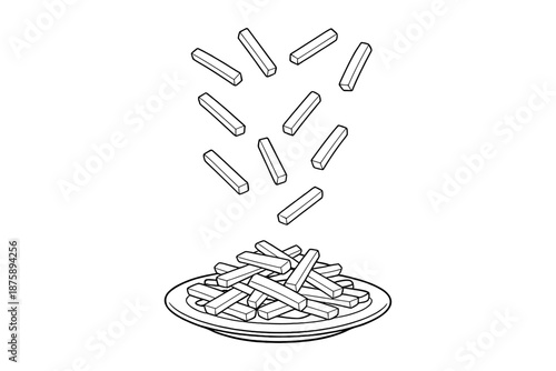 Monochrome illustration of french fries falling onto a plate