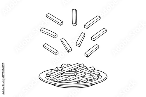 Monochrome illustration of floating and stacked french fries on plate