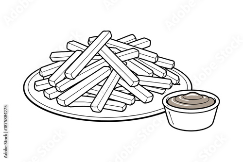 Black and white french fries with dipping sauce illustration on plate