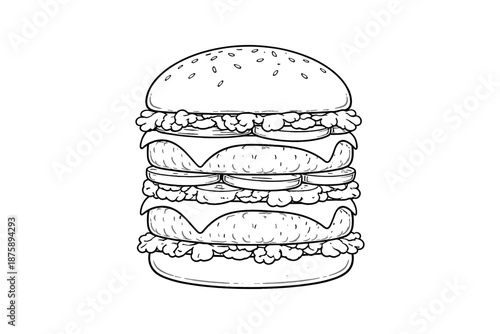 Delicious triple-layer cheeseburger with lettuce and tomato in black and white sketch