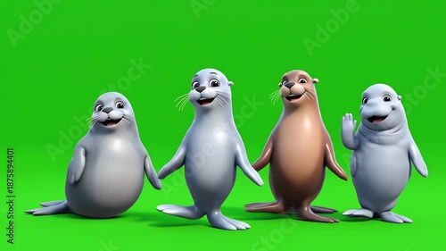 Four adorable animated seals and sea lions, rendered in 3D with expressive faces, happily wave and pose together against a vibrant green screen background, providing versatile chroma key footage.