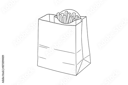Paper bag with french fries and burger outline drawing