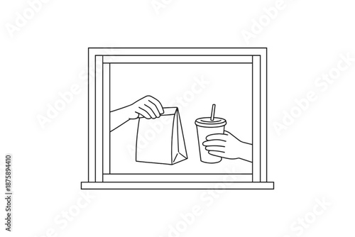 Fast food drive-thru window with hands exchanging bag and drink