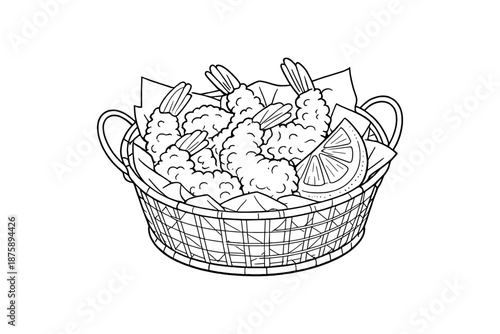 Basket of breaded shrimp with lemon wedges, line art illustration