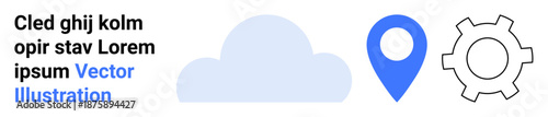 Cloud, blue map pin, and gear outline symbolize cloud computing, location services, and system configurations. Ideal for technology, navigation, cloud apps, software data storage tech interfaces