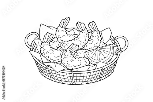 Basket of breaded shrimp with lemon wedge in line art style