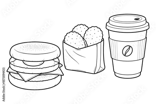 Black and white fast food: burger, nuggets, coffee cup line art