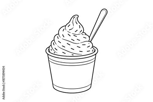 Black and white soft serve ice cream line art in cup with spoon