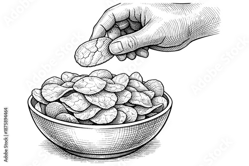 Hand holding potato chip over bowl of chips in detailed line art drawing